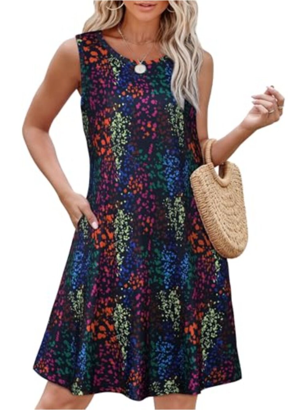 Women's Casual A-Line Cotton Sun Dress with Pockets Sleeveless Floral Boho
